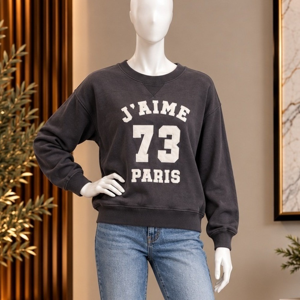 H&M Women Sweatshirt J'aime 73 Paris Graphic Charcoal Extra Small